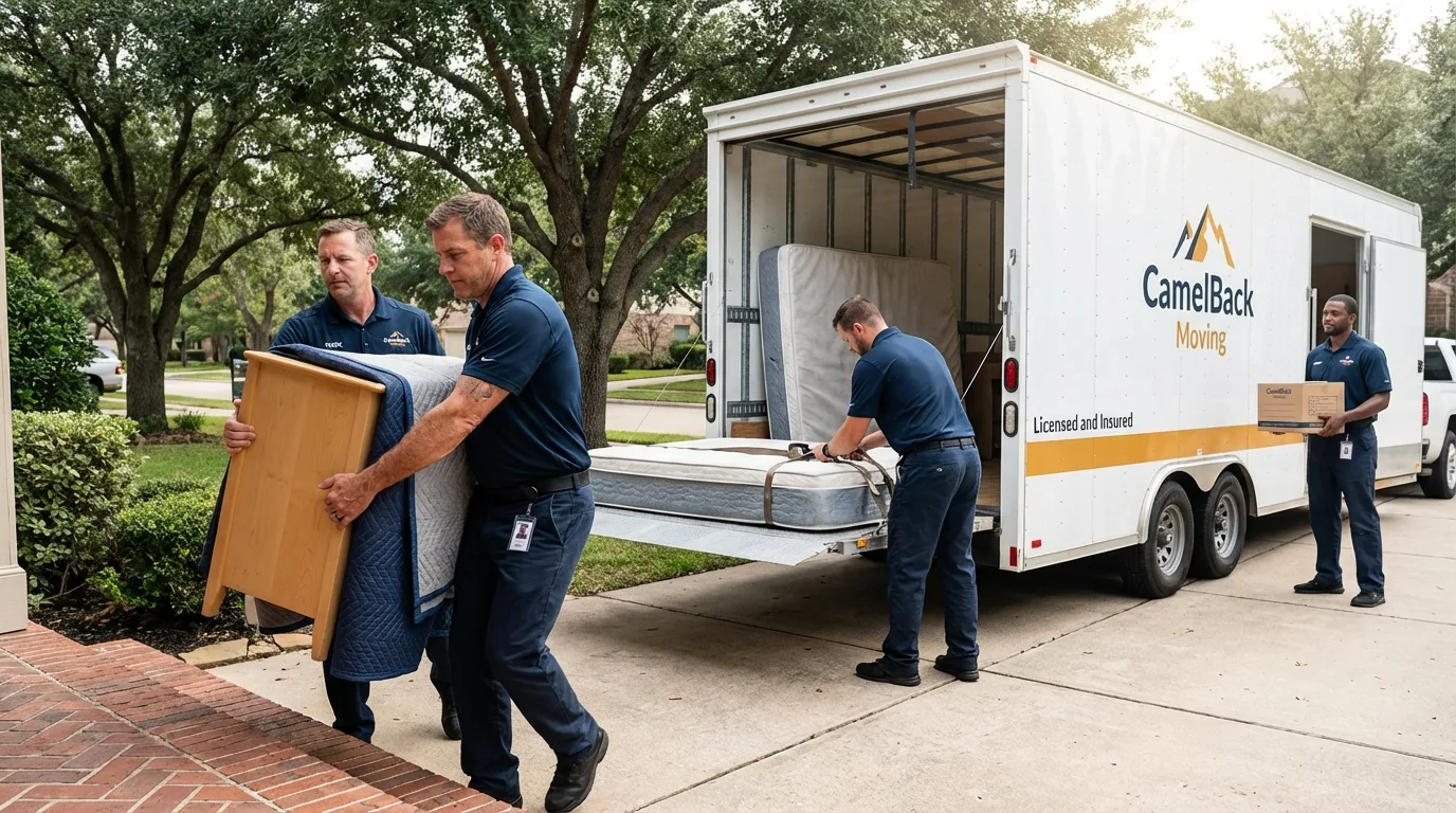 Crew loading residential truck for cross-state move from Centerville, TX