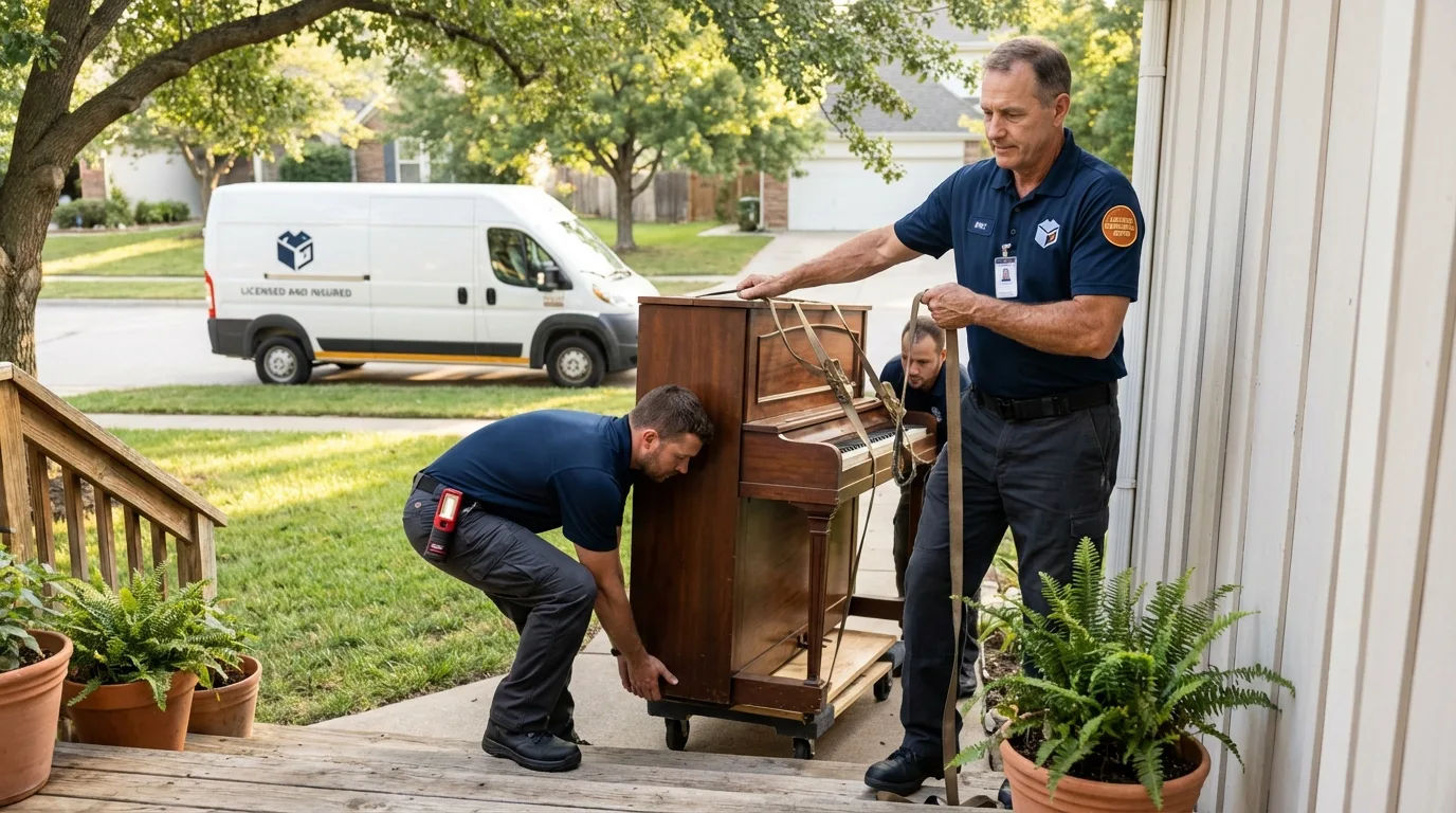 Licensed piano movers securing grand piano in Centerville, TX