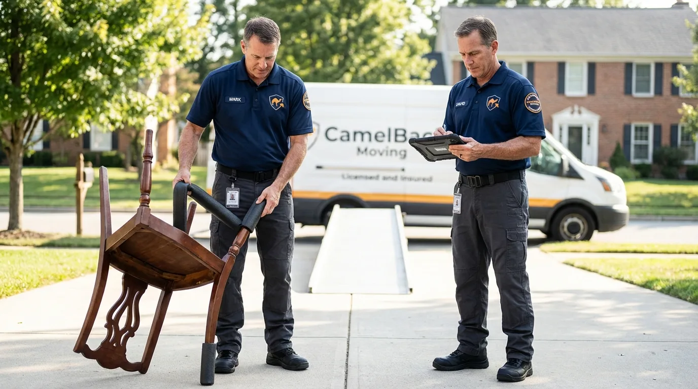 Movers inspecting furniture for damage prevention before loading in Centerville, TX