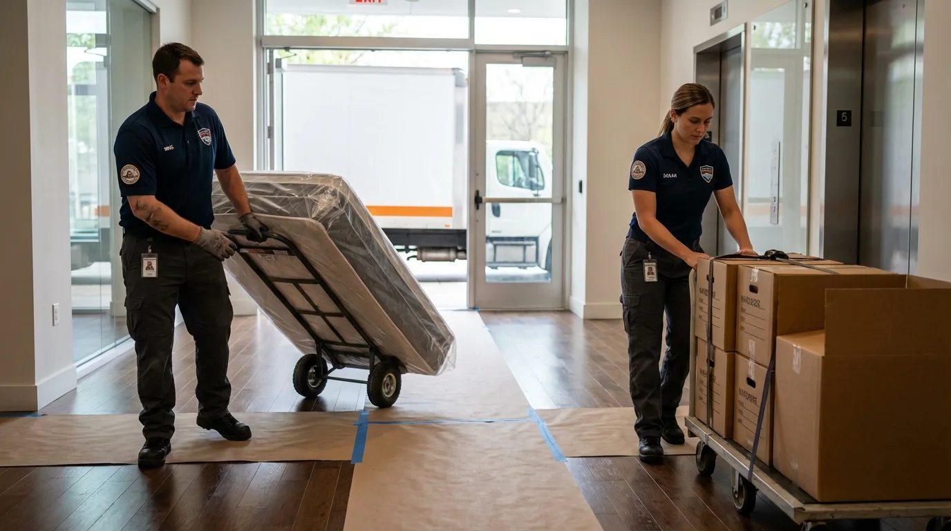 Professional apartment movers loading elevator in Centerville, TX